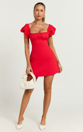 Ginny Mini Dress - Square Neck Ruched Bodice Puff Sleeve Straight Dress in Red